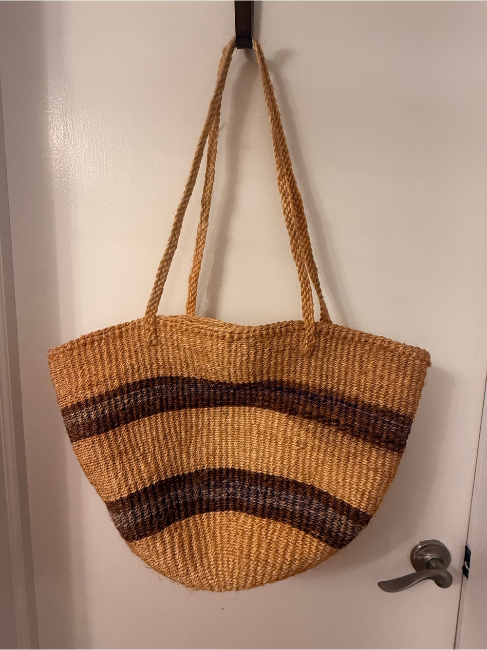 Woven Straw Tote Bag with Brown/Purple Stripe